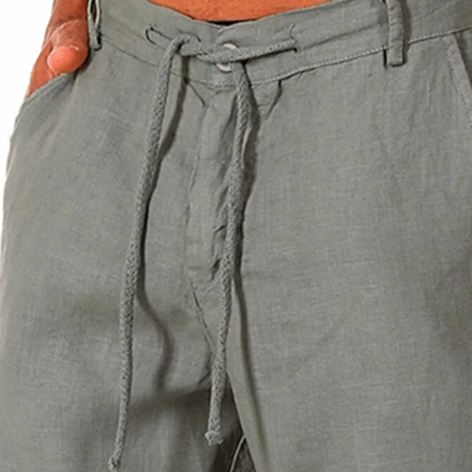 Men Linen Solid Color Lace-Up Casual Shorts Classic Summer Beach Shorts with Pocket Cotton Slim-Fit Gym Yoga Shorts