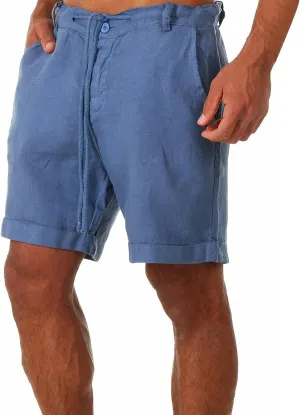 Men Linen Solid Color Lace-Up Casual Shorts Classic Summer Beach Shorts with Pocket Cotton Slim-Fit Gym Yoga Shorts