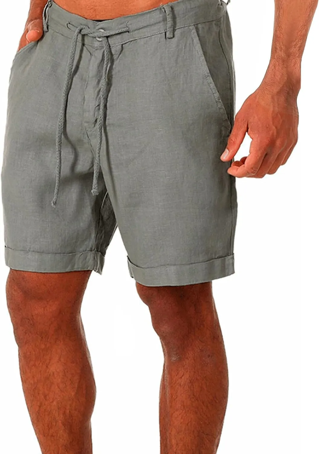 Men Linen Solid Color Lace-Up Casual Shorts Classic Summer Beach Shorts with Pocket Cotton Slim-Fit Gym Yoga Shorts