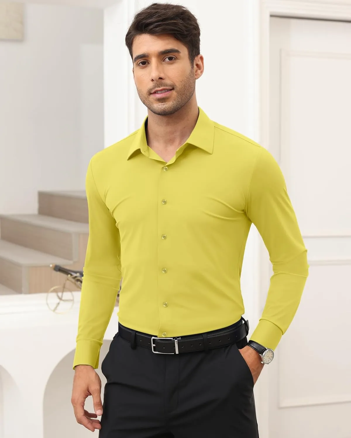 Men's 4-Way Stretch Dress Shirts Long Sleeve Wrinkle Free Slim Fit Business Casual Button Down Shirts for Men