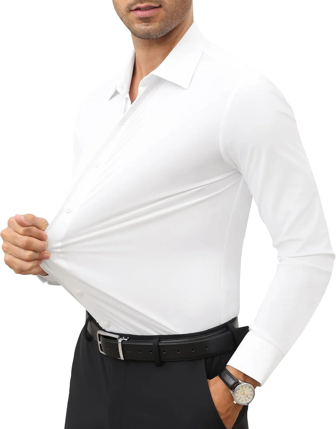 Men's 4-Way Stretch Dress Shirts Long Sleeve Wrinkle Free Slim Fit Business Casual Button Down Shirts for Men