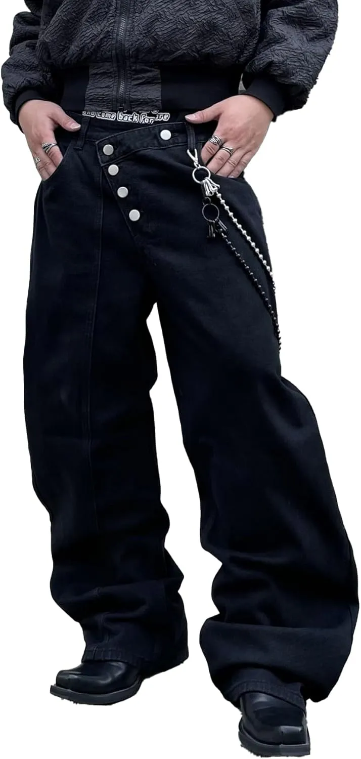 Men's Angled Button Fly Baggy Jeans Hip Hop Y2k Wide Leg Denim Pants Skater Jeans Streetwear