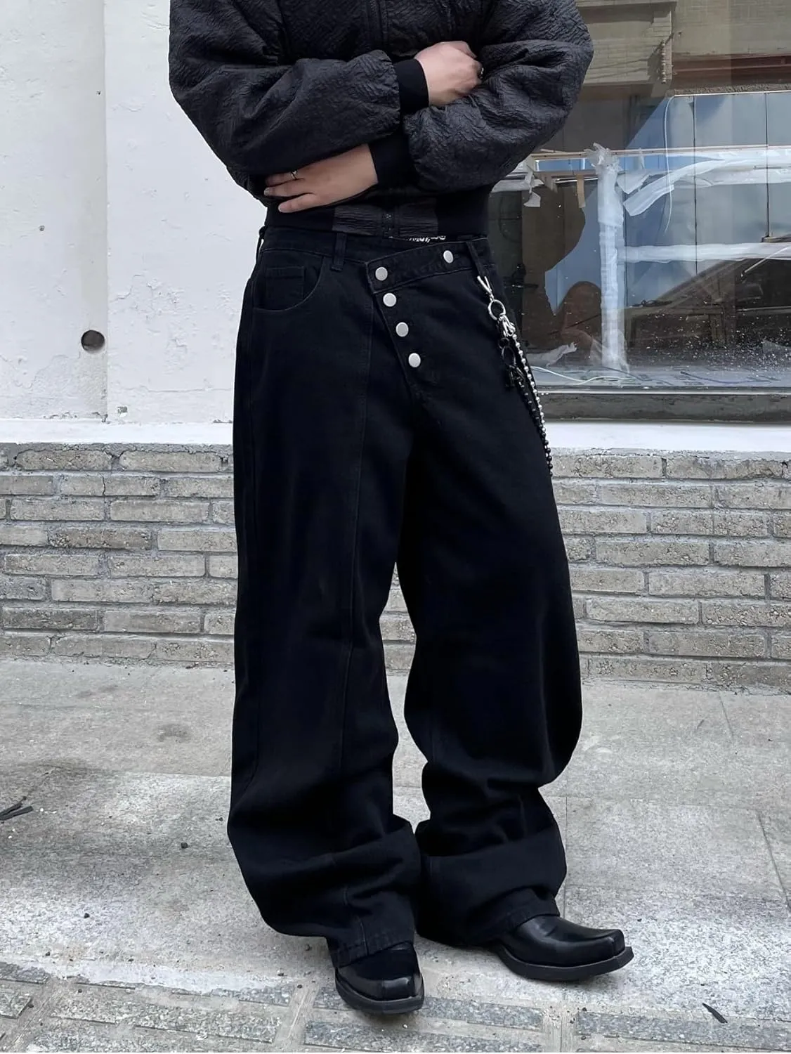 Men's Angled Button Fly Baggy Jeans Hip Hop Y2k Wide Leg Denim Pants Skater Jeans Streetwear