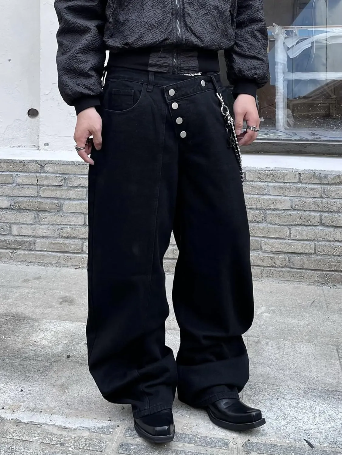 Men's Angled Button Fly Baggy Jeans Hip Hop Y2k Wide Leg Denim Pants Skater Jeans Streetwear