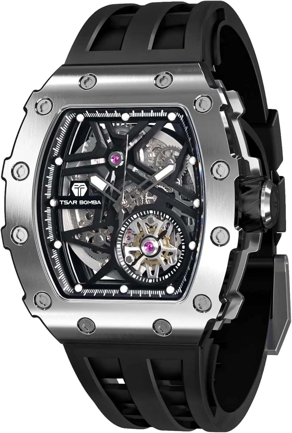Men's Automatic Watch Mechanical Tonneau Luxury Skeleton Watches for Men 50M Waterproof Analogue Work Mens Wrist Watch Unique Cool Design Square Silver Big Face Wristwatch Silicone Strap