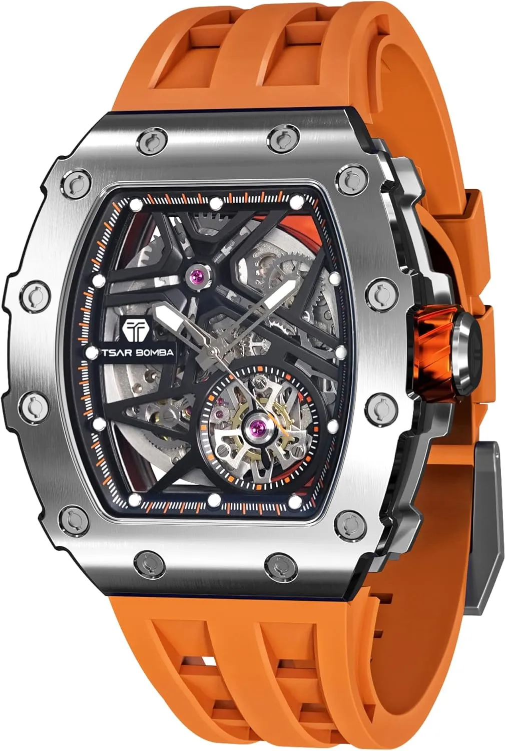 Men's Automatic Watch Mechanical Tonneau Luxury Skeleton Watches for Men 50M Waterproof Analogue Work Mens Wrist Watch Unique Cool Design Square Silver Big Face Wristwatch Silicone Strap