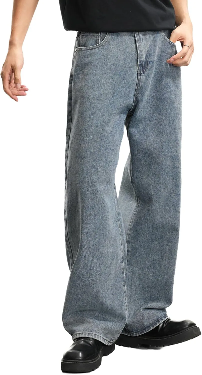 Mens Baggy Hip Hop Jeans Wide Leg Streetwear Jeans Loose Fit Y2K Skater Denim Pants