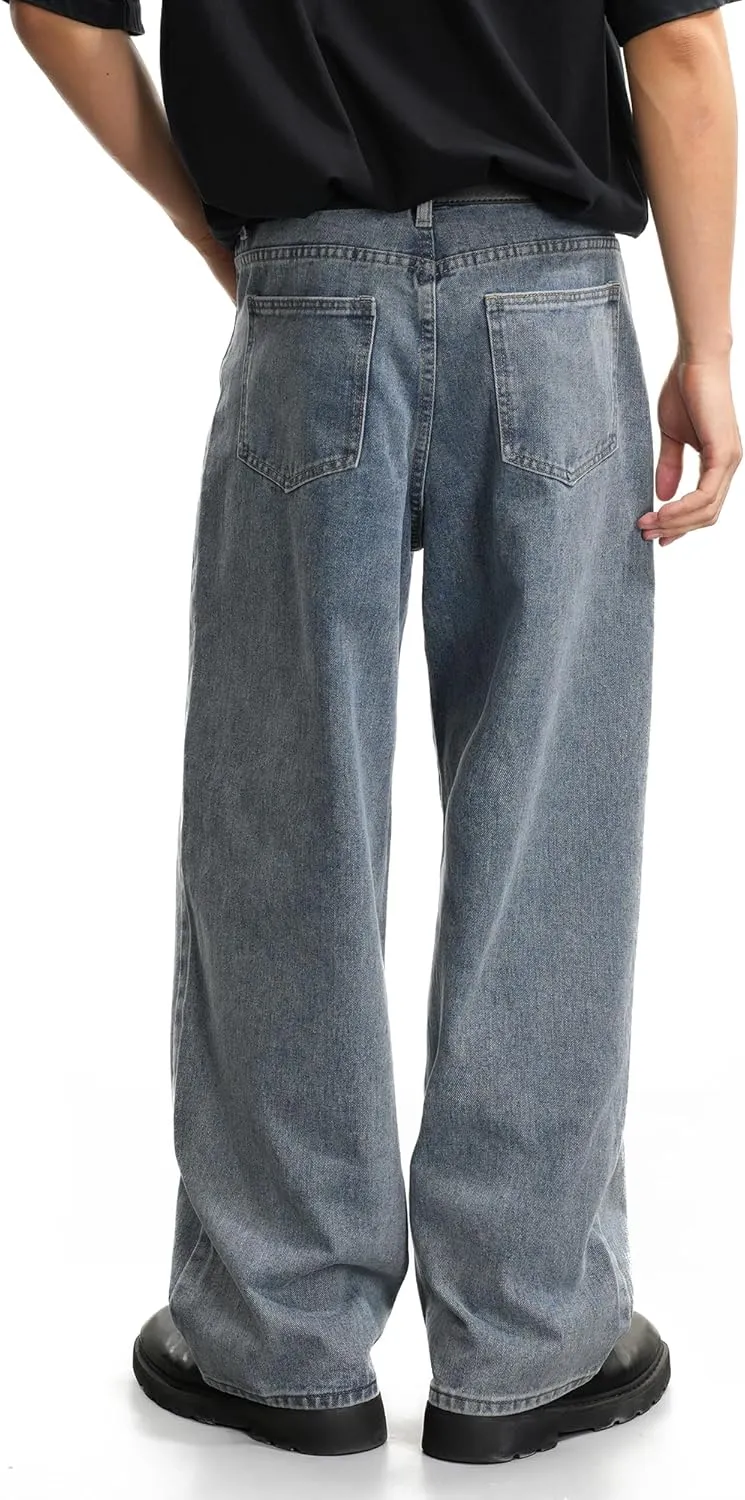 Mens Baggy Hip Hop Jeans Wide Leg Streetwear Jeans Loose Fit Y2K Skater Denim Pants