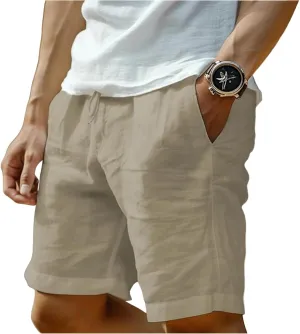 Men's Cotton Linen Shorts Solid Color Casual Pocket Button Shorts with Pockets