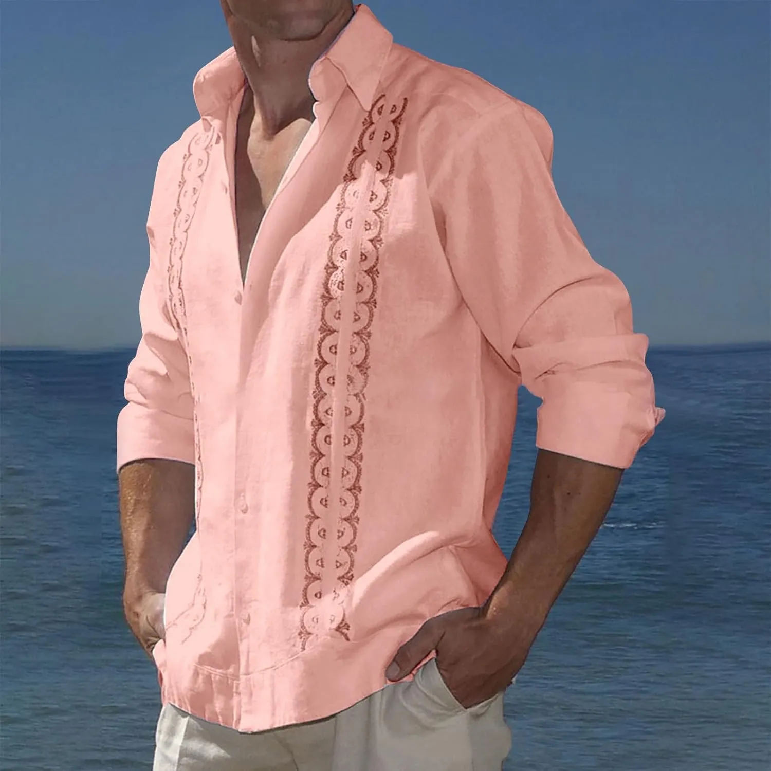 Men's Cuban Guayabera Shirts - Casual Long Sleeve Cotton Linen Button Down Shirt Summer Regular Fit Beach Tops