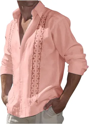 Men's Cuban Guayabera Shirts - Casual Long Sleeve Cotton Linen Button Down Shirt Summer Regular Fit Beach Tops