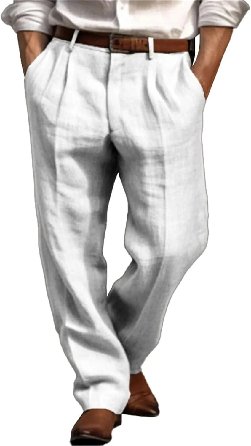 Mens Dress Pants Relaxed Fit Casual Cotton Linen Pleated Work Suit Pants Summer Straight Leg Slacks Comfort Trousers