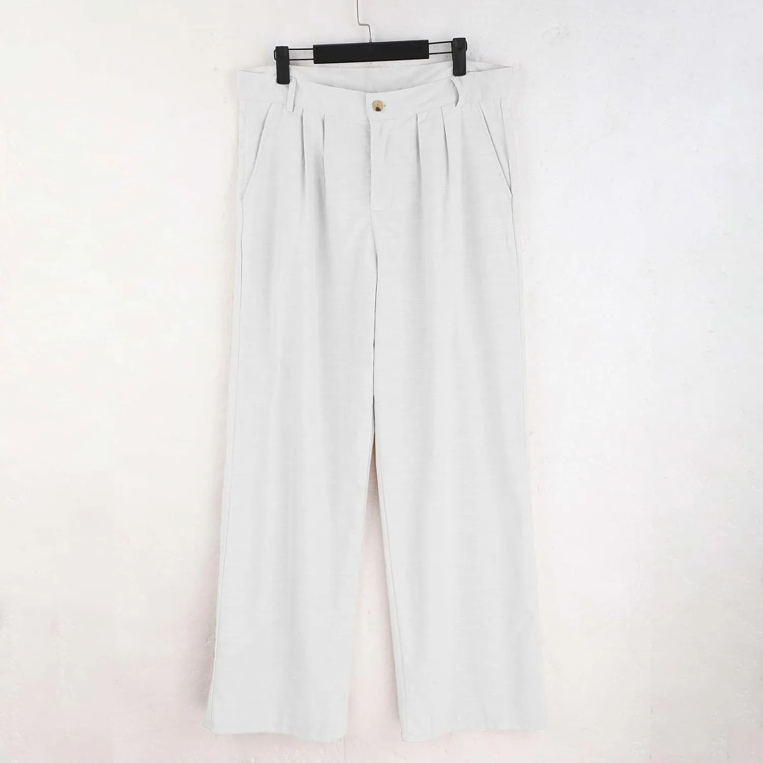 Mens Dress Pants Relaxed Fit Casual Cotton Linen Pleated Work Suit Pants Summer Straight Leg Slacks Comfort Trousers
