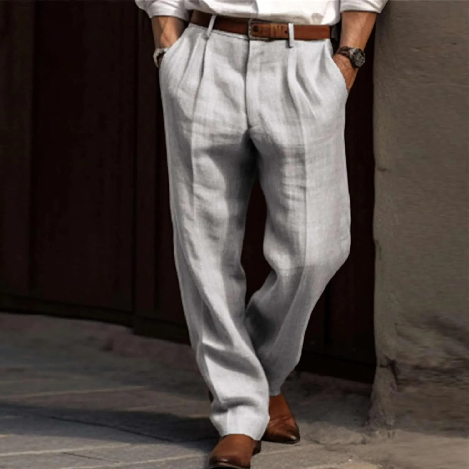 Mens Dress Pants Relaxed Fit Casual Cotton Linen Pleated Work Suit Pants Summer Straight Leg Slacks Comfort Trousers