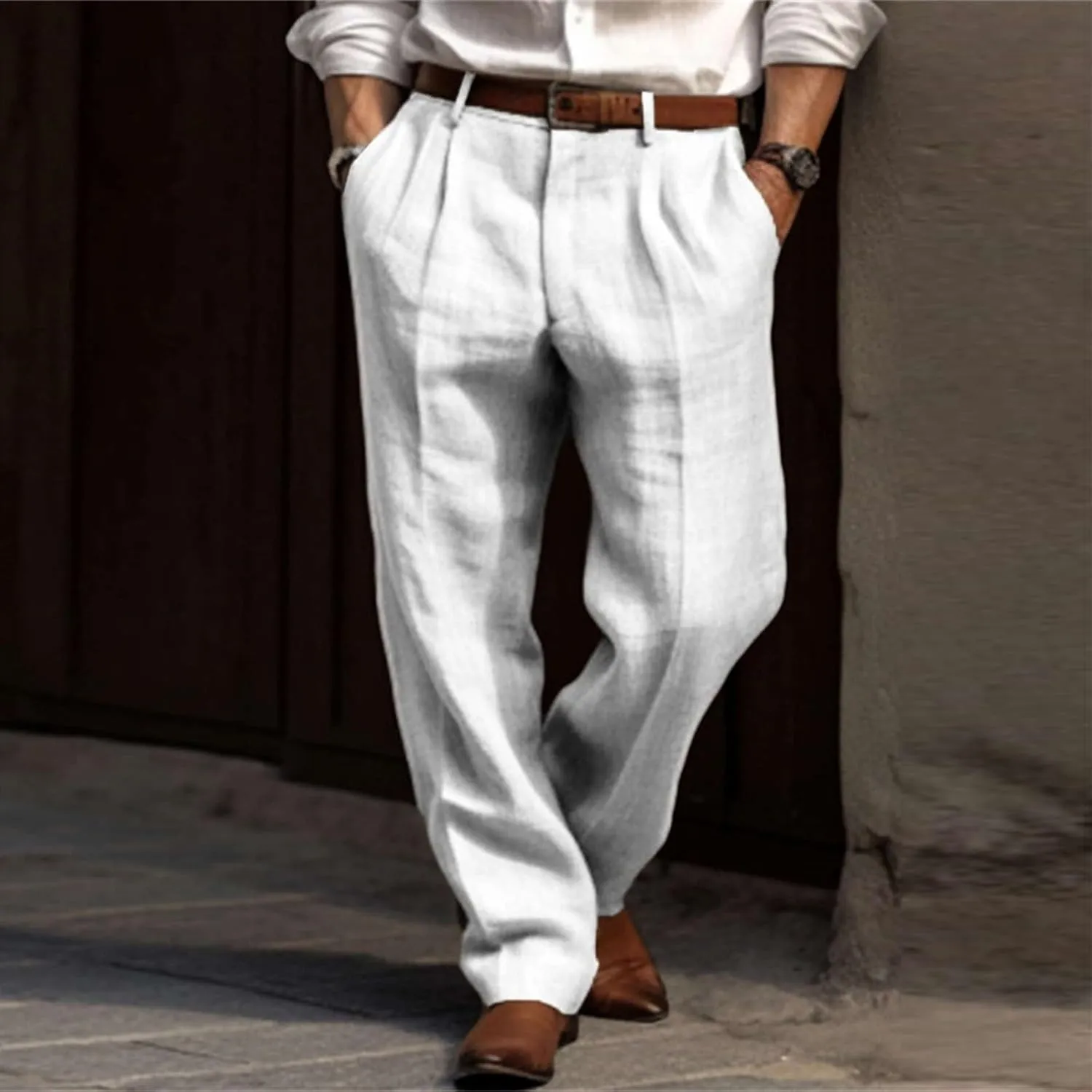 Mens Dress Pants Relaxed Fit Casual Cotton Linen Pleated Work Suit Pants Summer Straight Leg Slacks Comfort Trousers