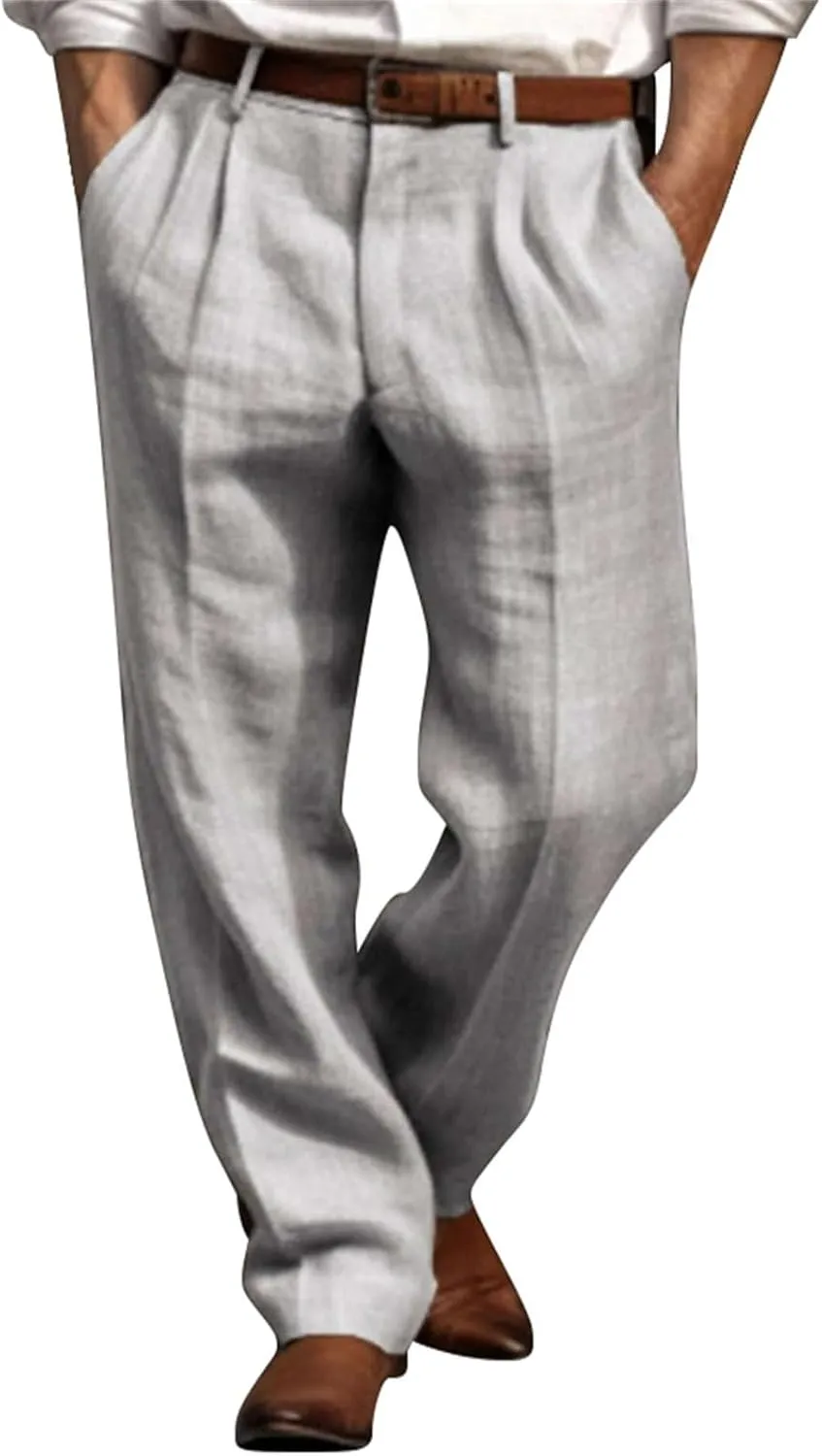 Mens Dress Pants Relaxed Fit Casual Cotton Linen Pleated Work Suit Pants Summer Straight Leg Slacks Comfort Trousers
