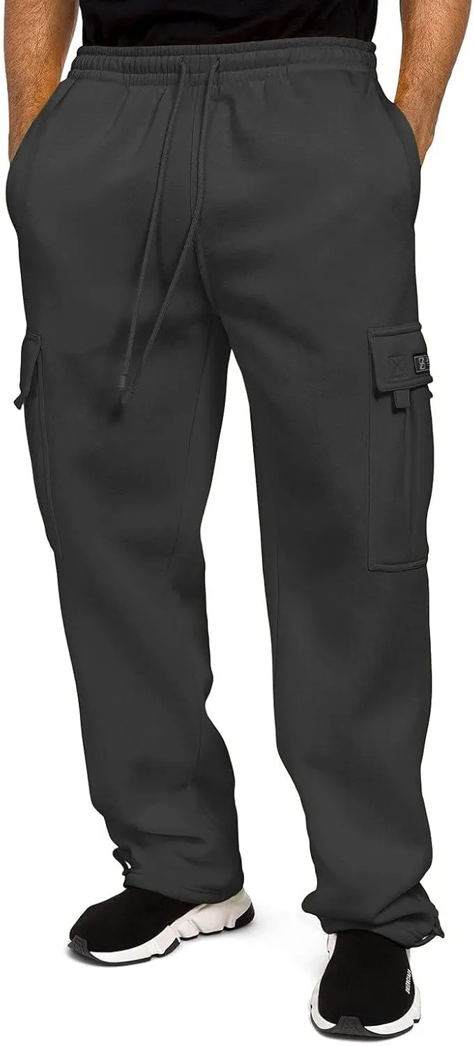 Mens Heavyweight Fleece Cargo Relaxed Fit Stretch Sweatpants Joggers with Pockets Fashion Sport Baggy Pants Trousers