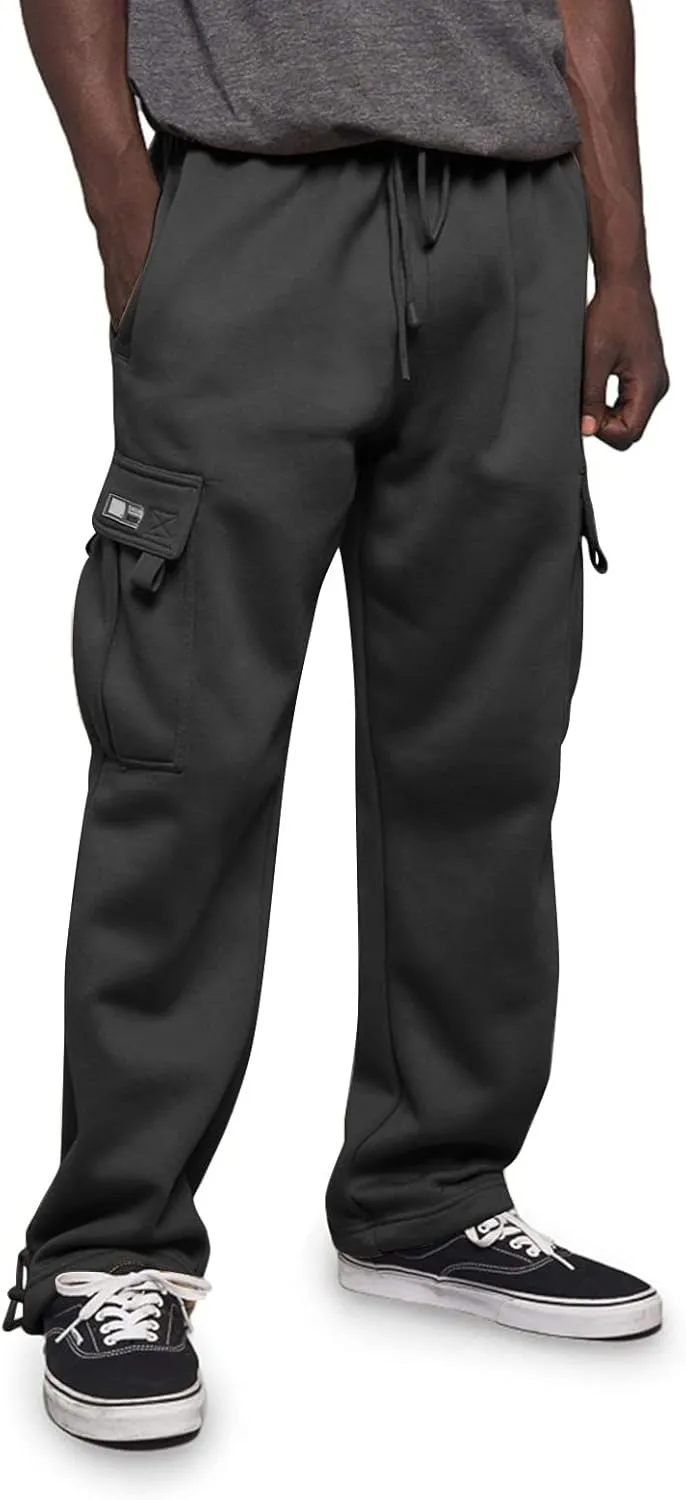 Mens Heavyweight Fleece Cargo Relaxed Fit Stretch Sweatpants Joggers with Pockets Fashion Sport Baggy Pants Trousers