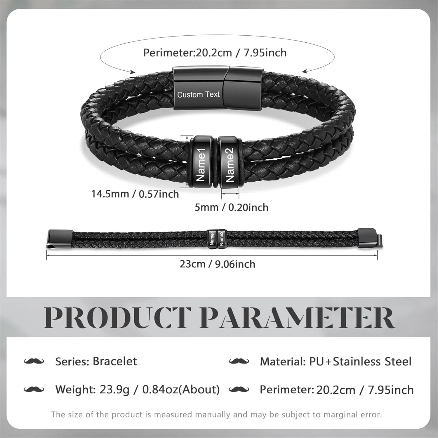 Mens Leather Bracelet, Personalized Fathers Day Bracelet with Name Engraved Custom Dad Gift from Daughter Son