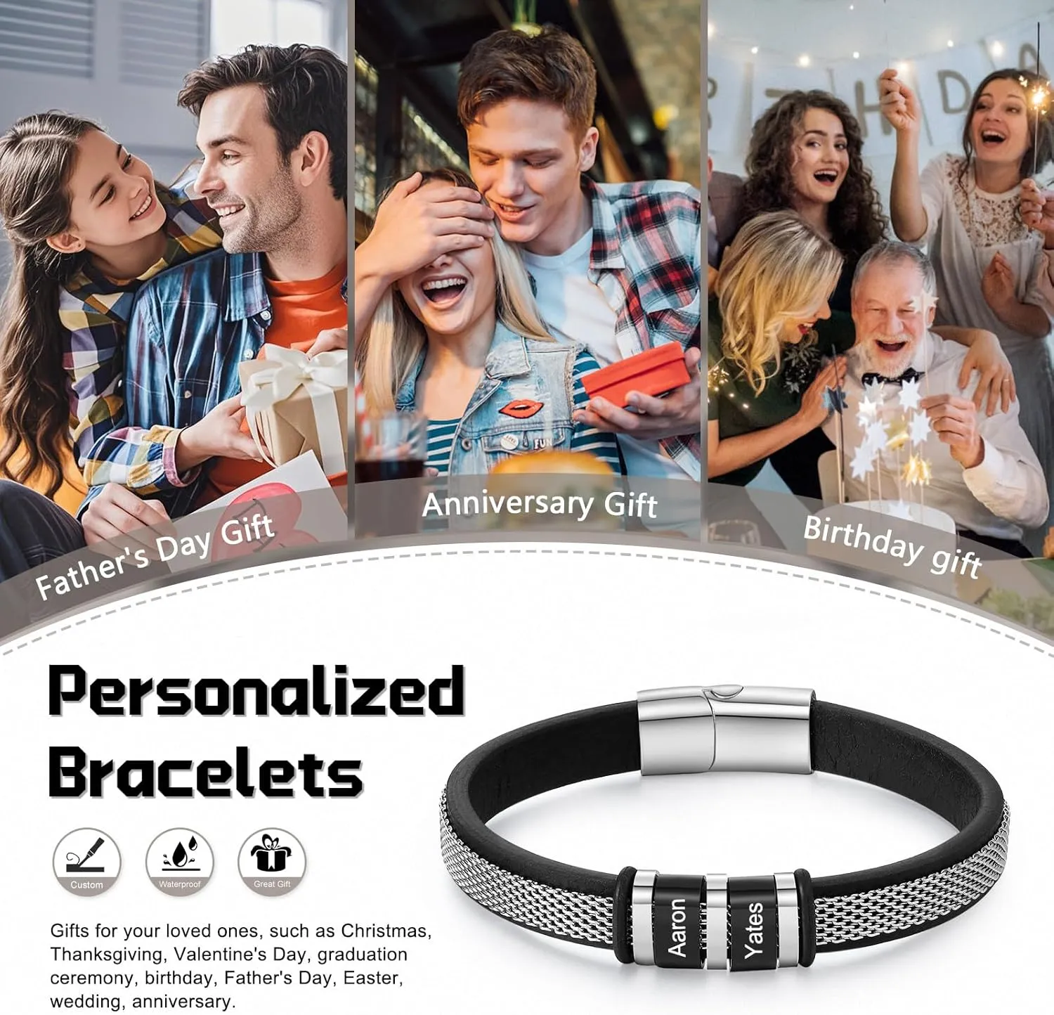 Mens Leather Bracelet, Personalized Fathers Day Bracelet with Name Engraved Custom Dad Gift from Daughter Son