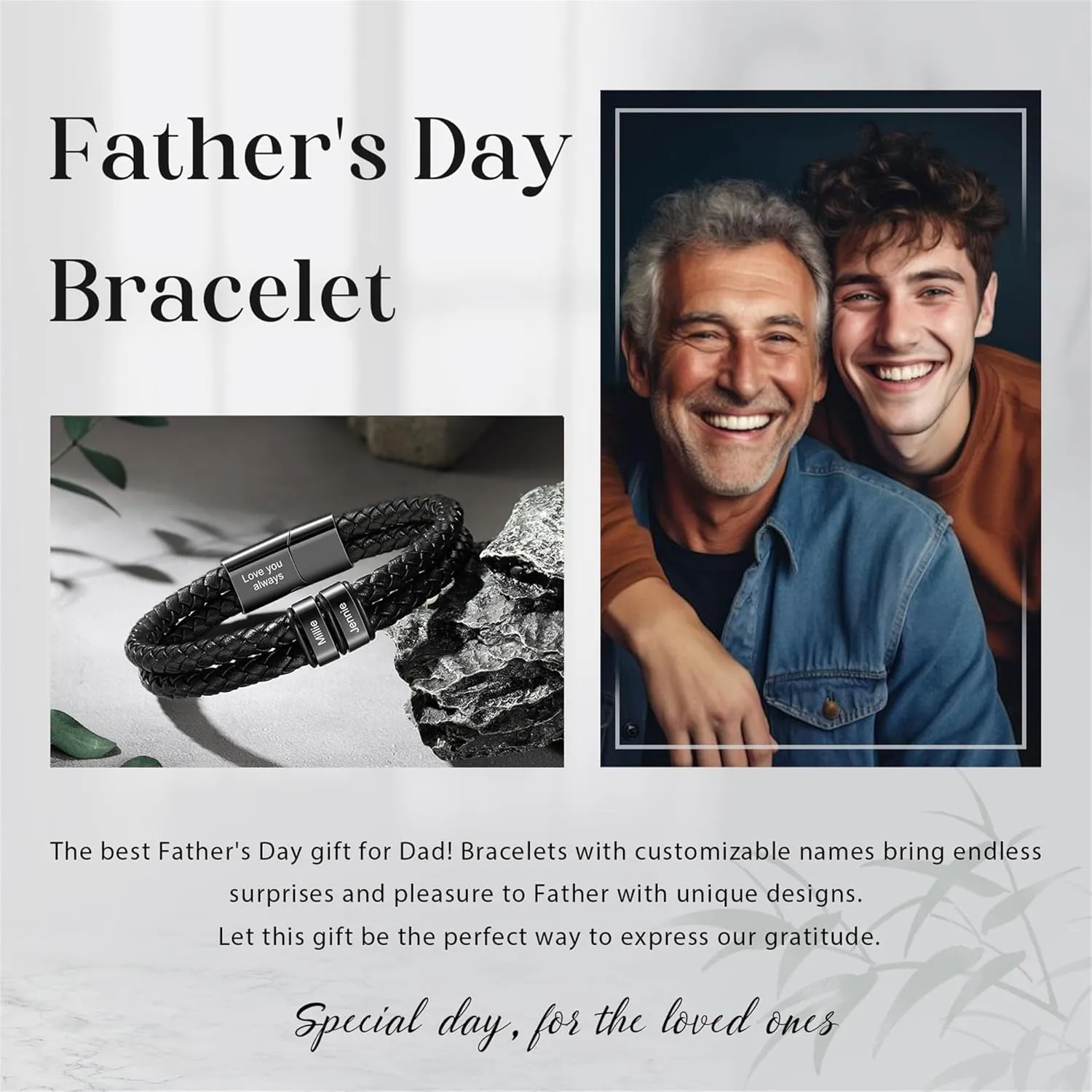 Mens Leather Bracelet, Personalized Fathers Day Bracelet with Name Engraved Custom Dad Gift from Daughter Son