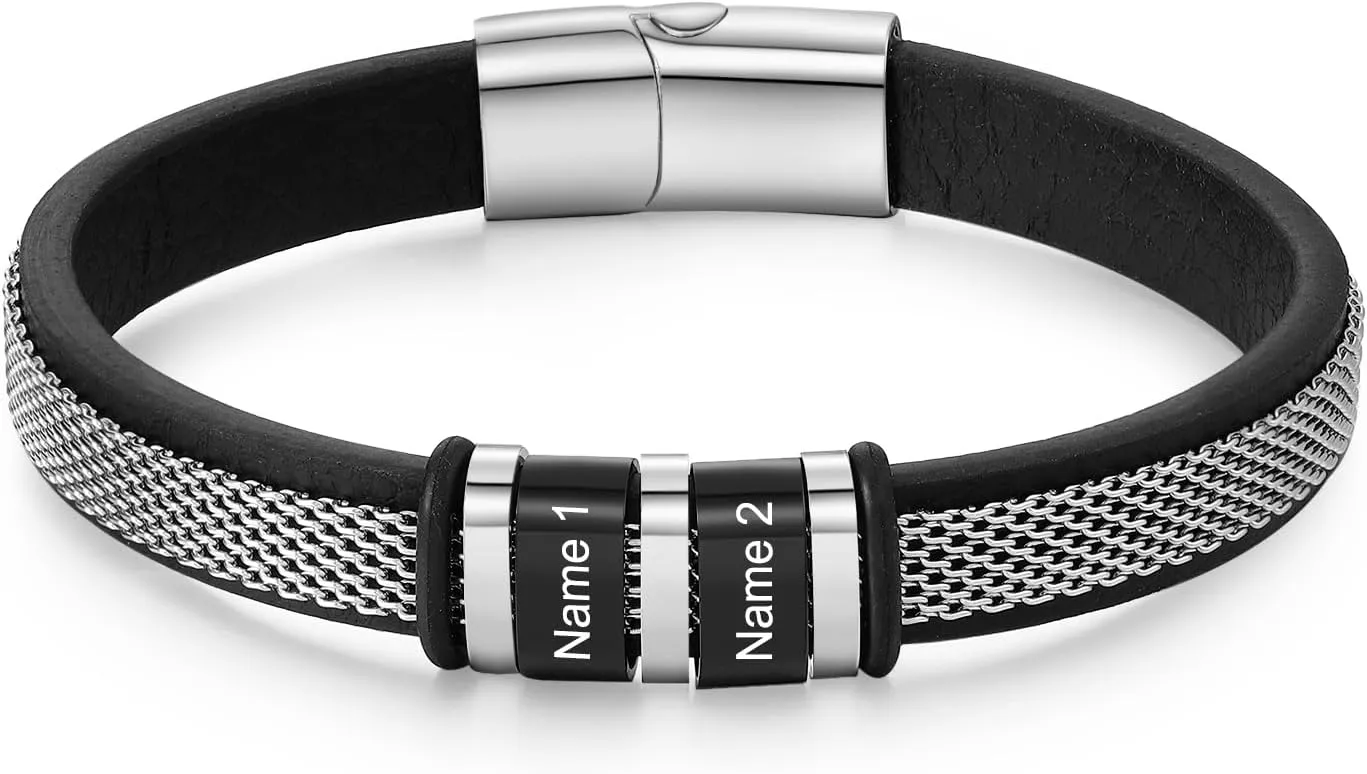 Mens Leather Bracelet, Personalized Fathers Day Bracelet with Name Engraved Custom Dad Gift from Daughter Son