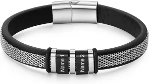 Mens Leather Bracelet, Personalized Fathers Day Bracelet with Name Engraved Custom Dad Gift from Daughter Son