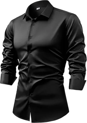 Mens Long Sleeve Luxury Silky Satin Shirts Casual Dress Shirt