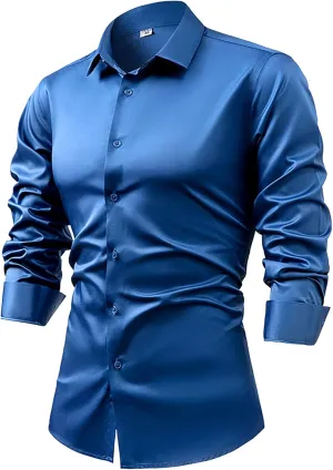 Mens Long Sleeve Luxury Silky Satin Shirts Casual Dress Shirt