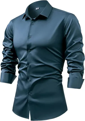 Mens Long Sleeve Luxury Silky Satin Shirts Casual Dress Shirt