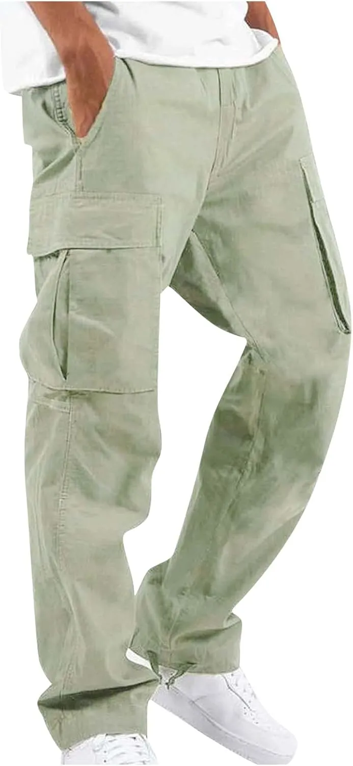 Men's Pants Drawstring Multi Pocket Casual Pants Hiking Cotton Twill Combat Pants Khaki Mens Relaxed Fit
