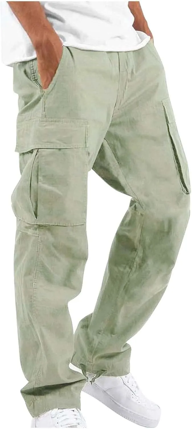 Men's Pants Drawstring Multi Pocket Casual Pants Hiking Cotton Twill Combat Pants Khaki Mens Relaxed Fit
