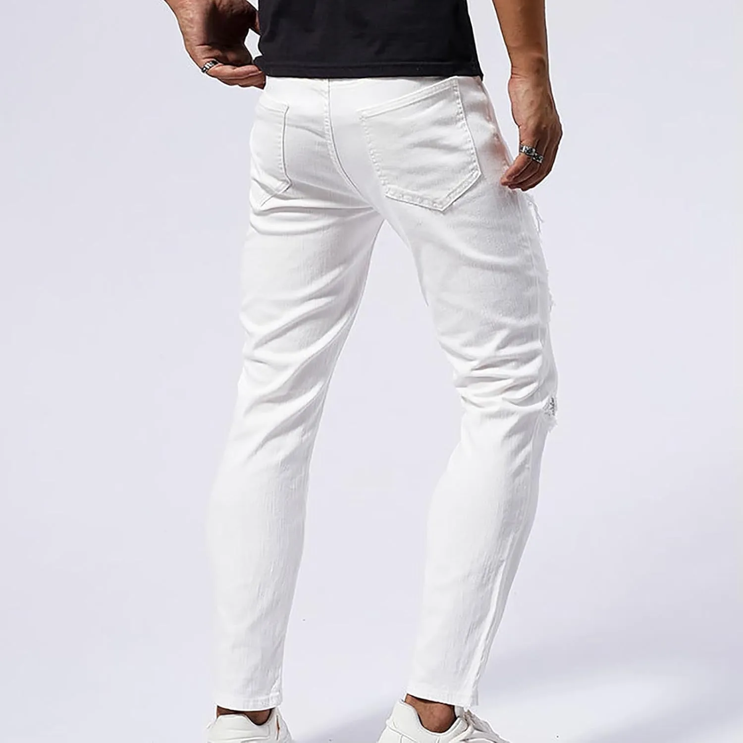 Men's Slim Fit Jeans Stretch Destroyed Ripped Skinny Jeans Distressed Straight Denim Pants Casual Trousers Streetwear