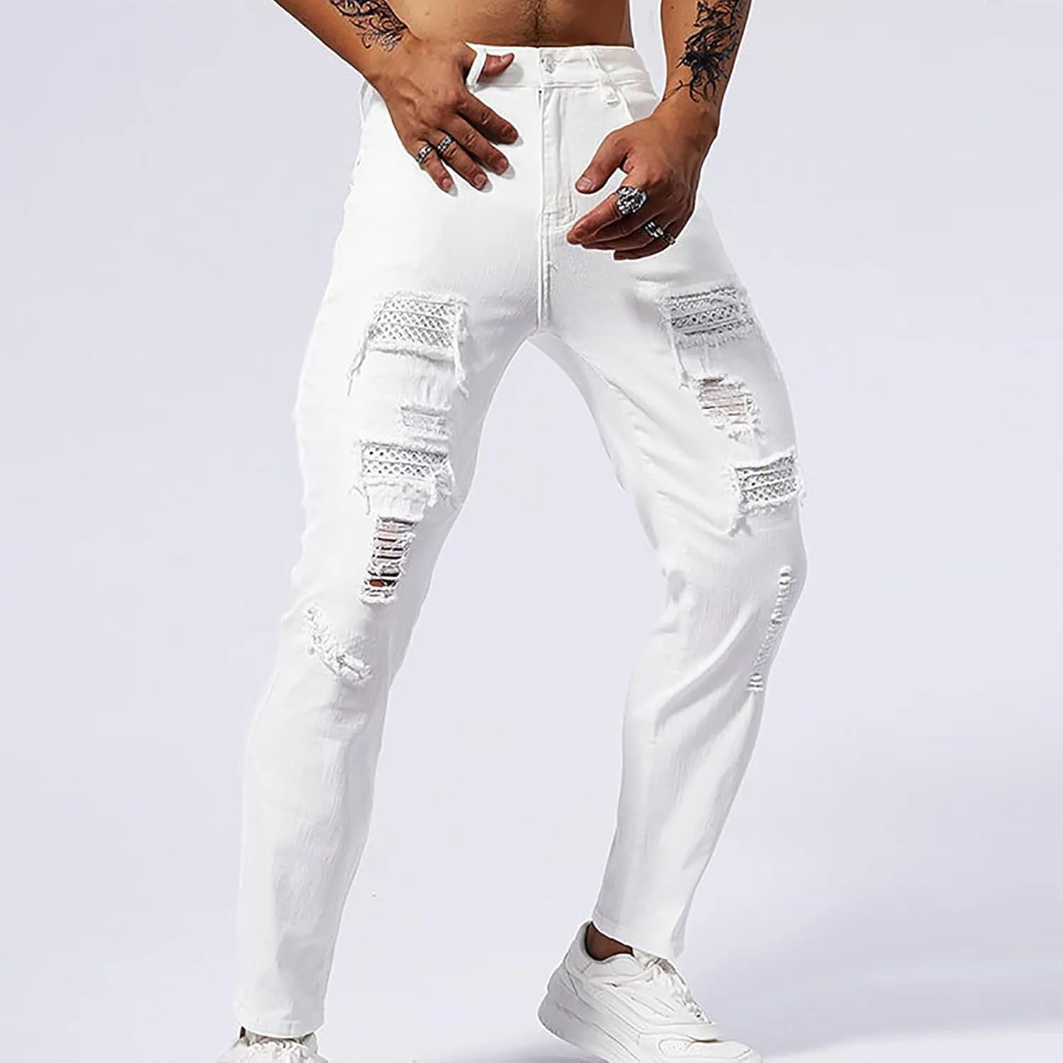 Men's Slim Fit Jeans Stretch Destroyed Ripped Skinny Jeans Distressed Straight Denim Pants Casual Trousers Streetwear