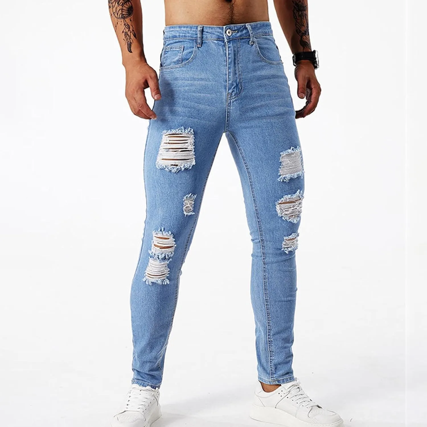Men's Slim Fit Jeans Stretch Destroyed Ripped Skinny Jeans Distressed Straight Denim Pants Casual Trousers Streetwear