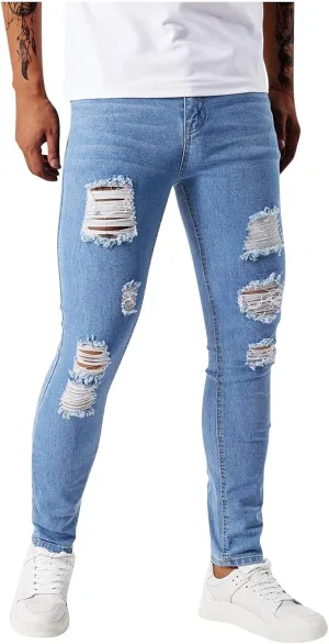Men's Slim Fit Jeans Stretch Destroyed Ripped Skinny Jeans Distressed Straight Denim Pants Casual Trousers Streetwear
