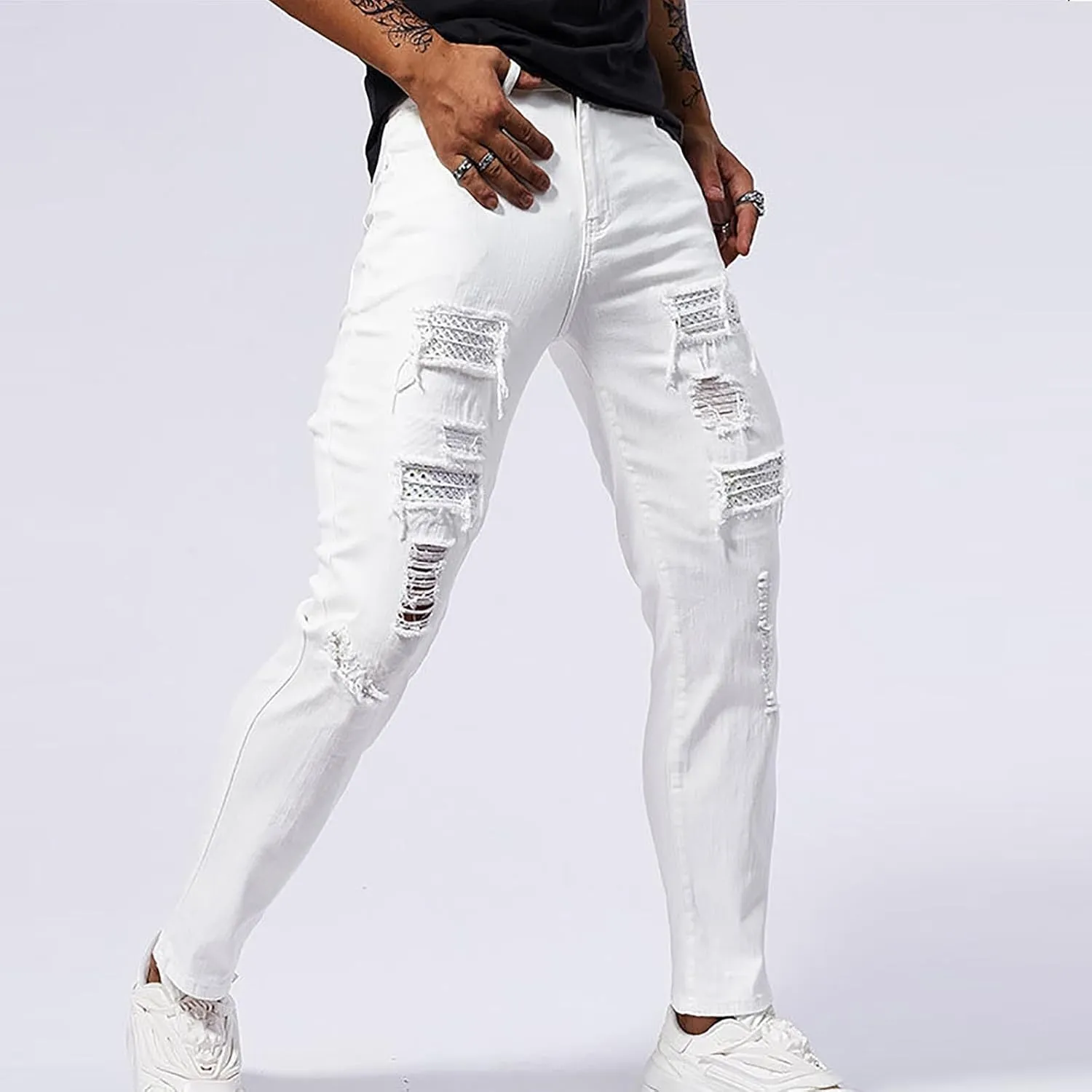 Men's Slim Fit Jeans Stretch Destroyed Ripped Skinny Jeans Distressed Straight Denim Pants Casual Trousers Streetwear