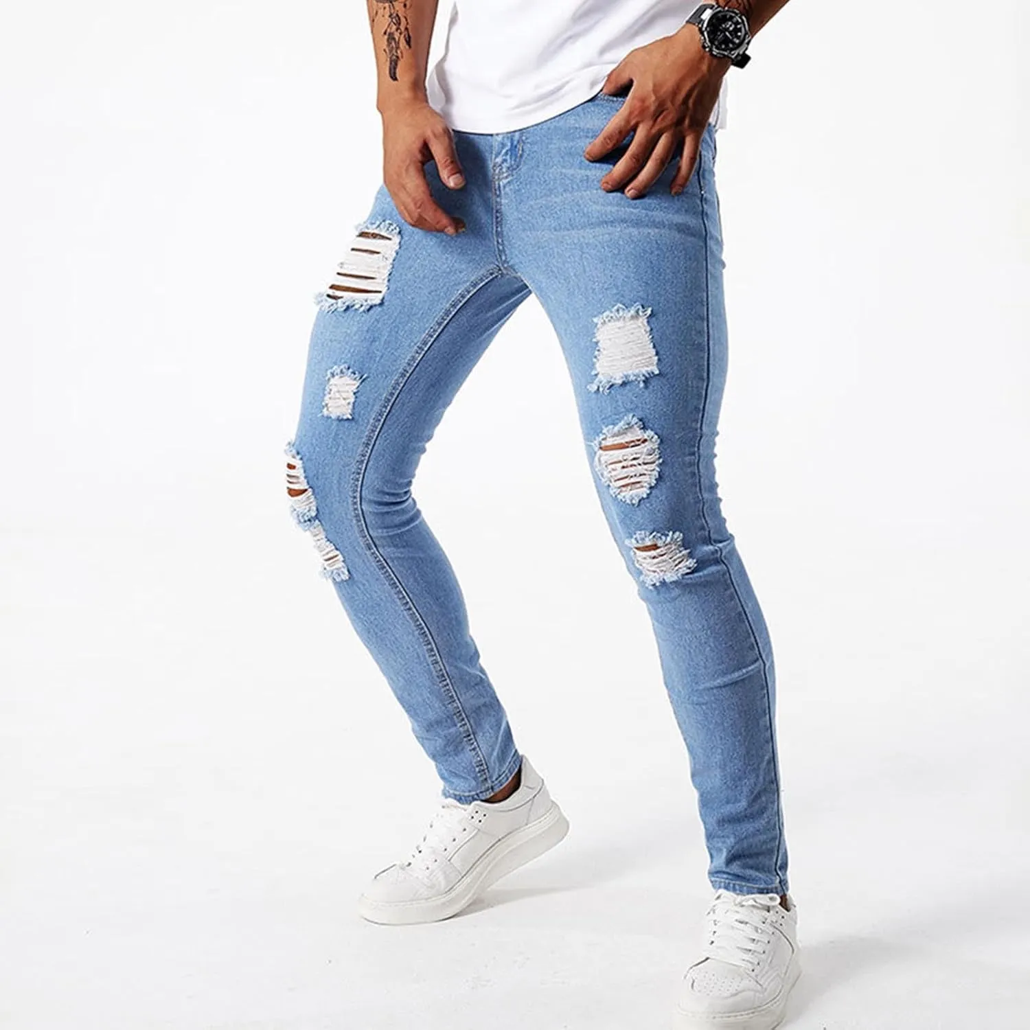 Men's Slim Fit Jeans Stretch Destroyed Ripped Skinny Jeans Distressed Straight Denim Pants Casual Trousers Streetwear