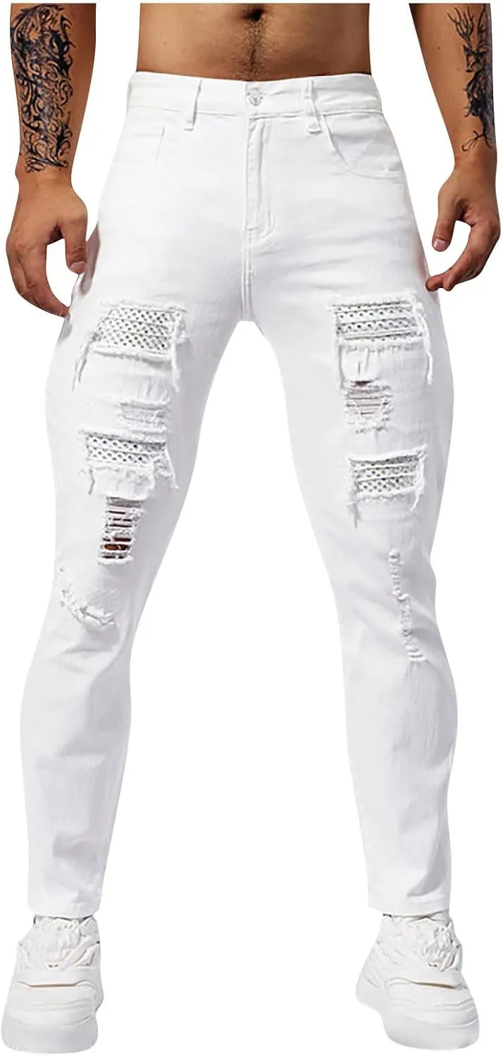 Men's Slim Fit Jeans Stretch Destroyed Ripped Skinny Jeans Distressed Straight Denim Pants Casual Trousers Streetwear