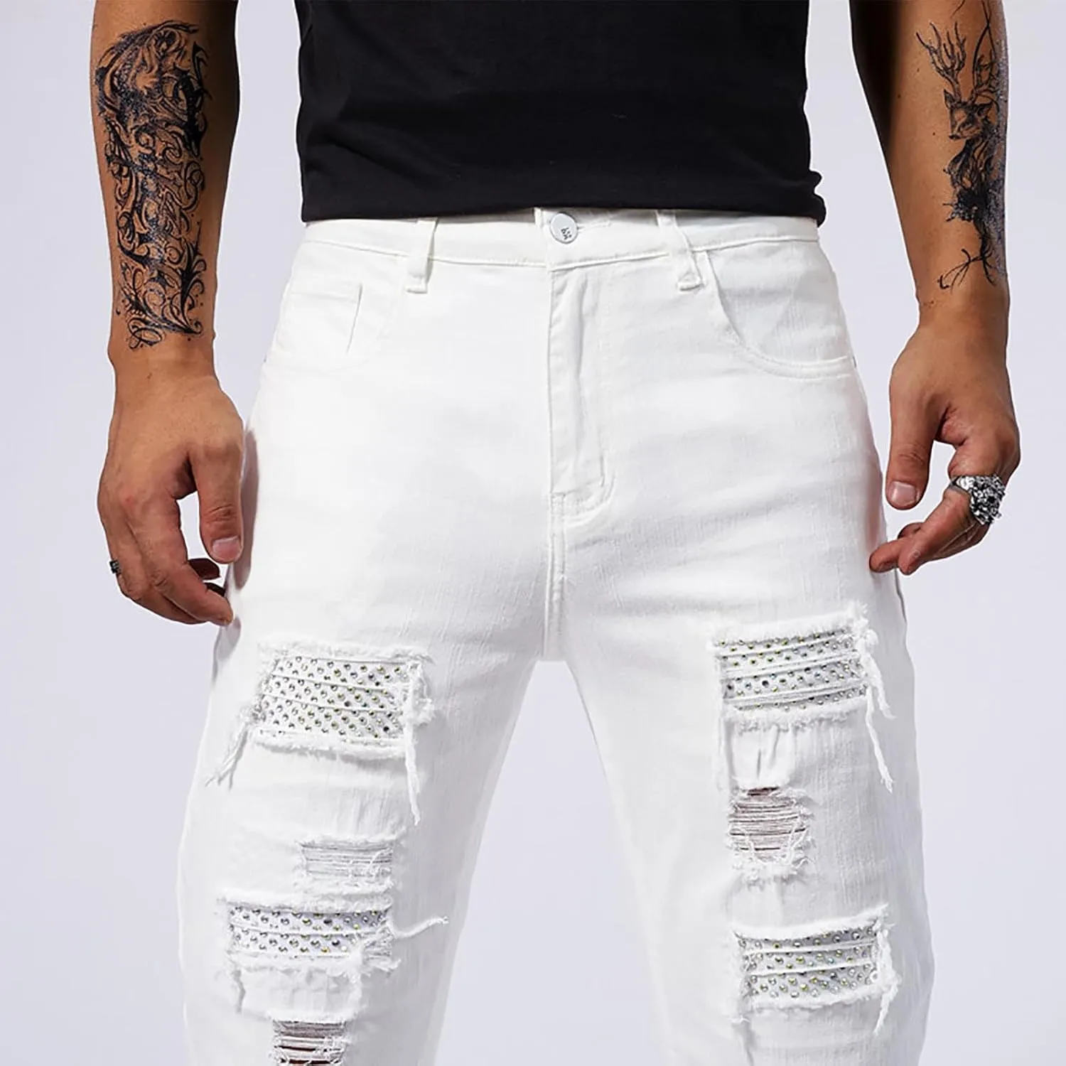 Men's Slim Fit Jeans Stretch Destroyed Ripped Skinny Jeans Distressed Straight Denim Pants Casual Trousers Streetwear