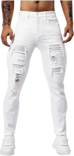 Men's Slim Fit Jeans Stretch Destroyed Ripped Skinny Jeans Distressed Straight Denim Pants Casual Trousers Streetwear