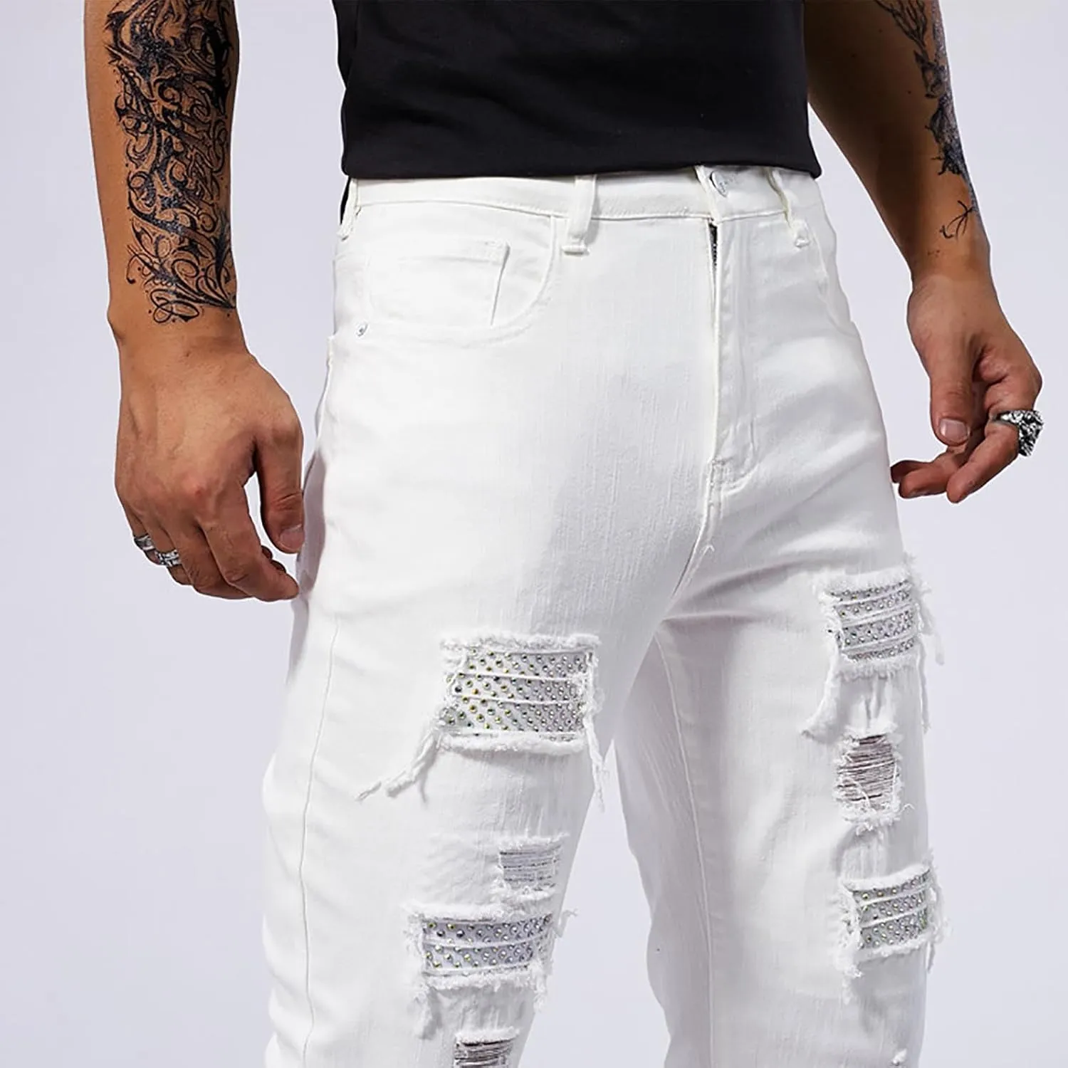 Men's Slim Fit Jeans Stretch Destroyed Ripped Skinny Jeans Distressed Straight Denim Pants Casual Trousers Streetwear