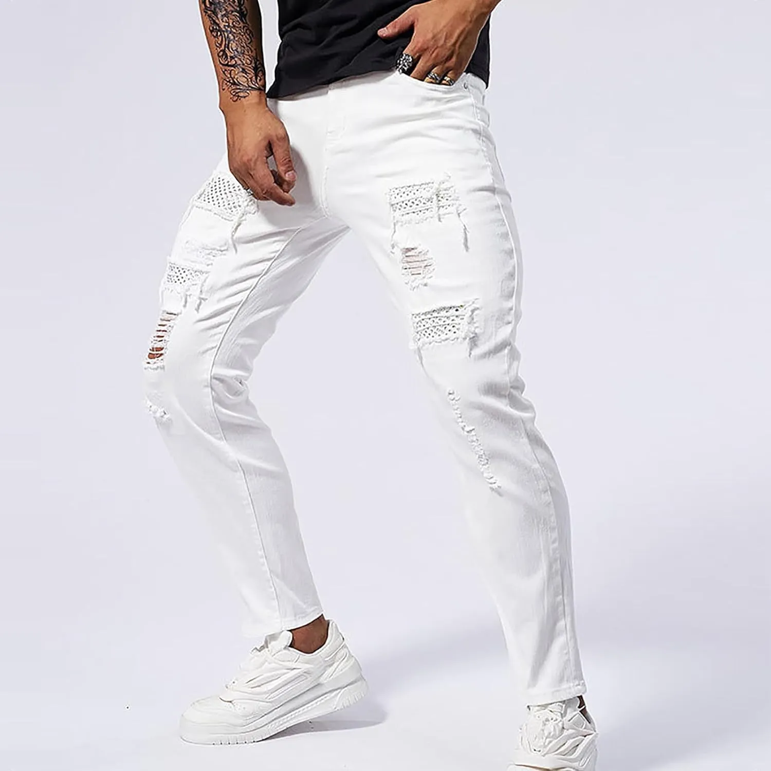 Men's Slim Fit Jeans Stretch Destroyed Ripped Skinny Jeans Distressed Straight Denim Pants Casual Trousers Streetwear