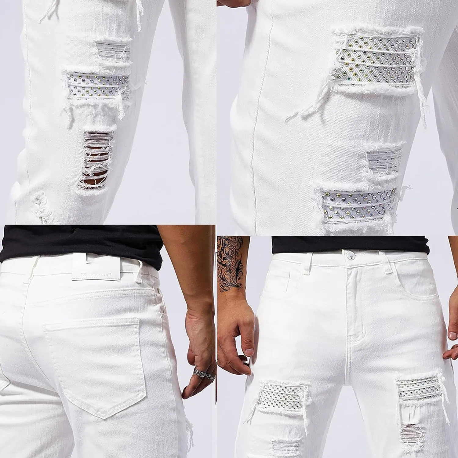 Men's Slim Fit Jeans Stretch Destroyed Ripped Skinny Jeans Distressed Straight Denim Pants Casual Trousers Streetwear