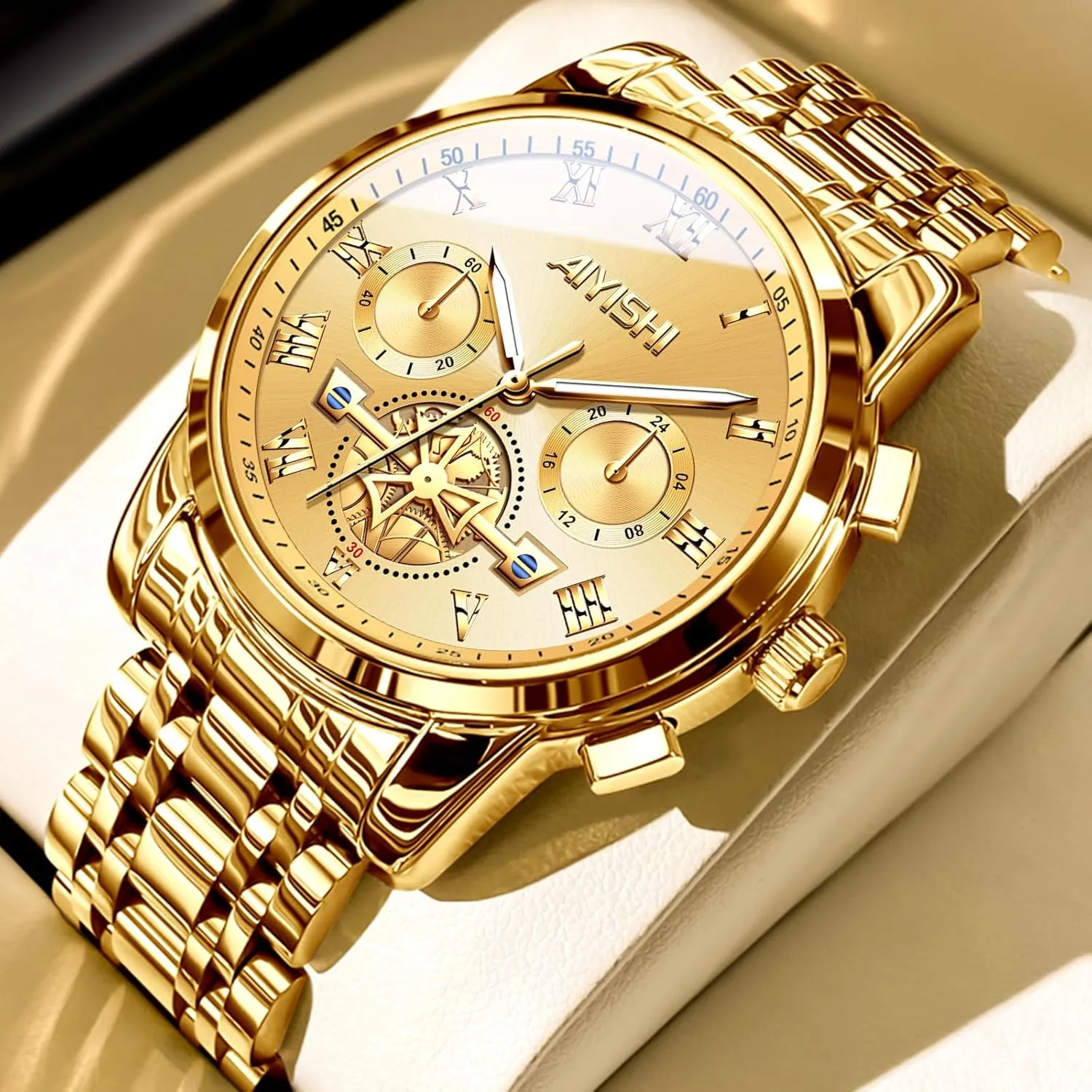 Mens Watches Luxury Stainless Steel Big Face Quartz Dress Watch with Roman Numerals and Chronograph Waterproof for Business, Daily Wear & Gift