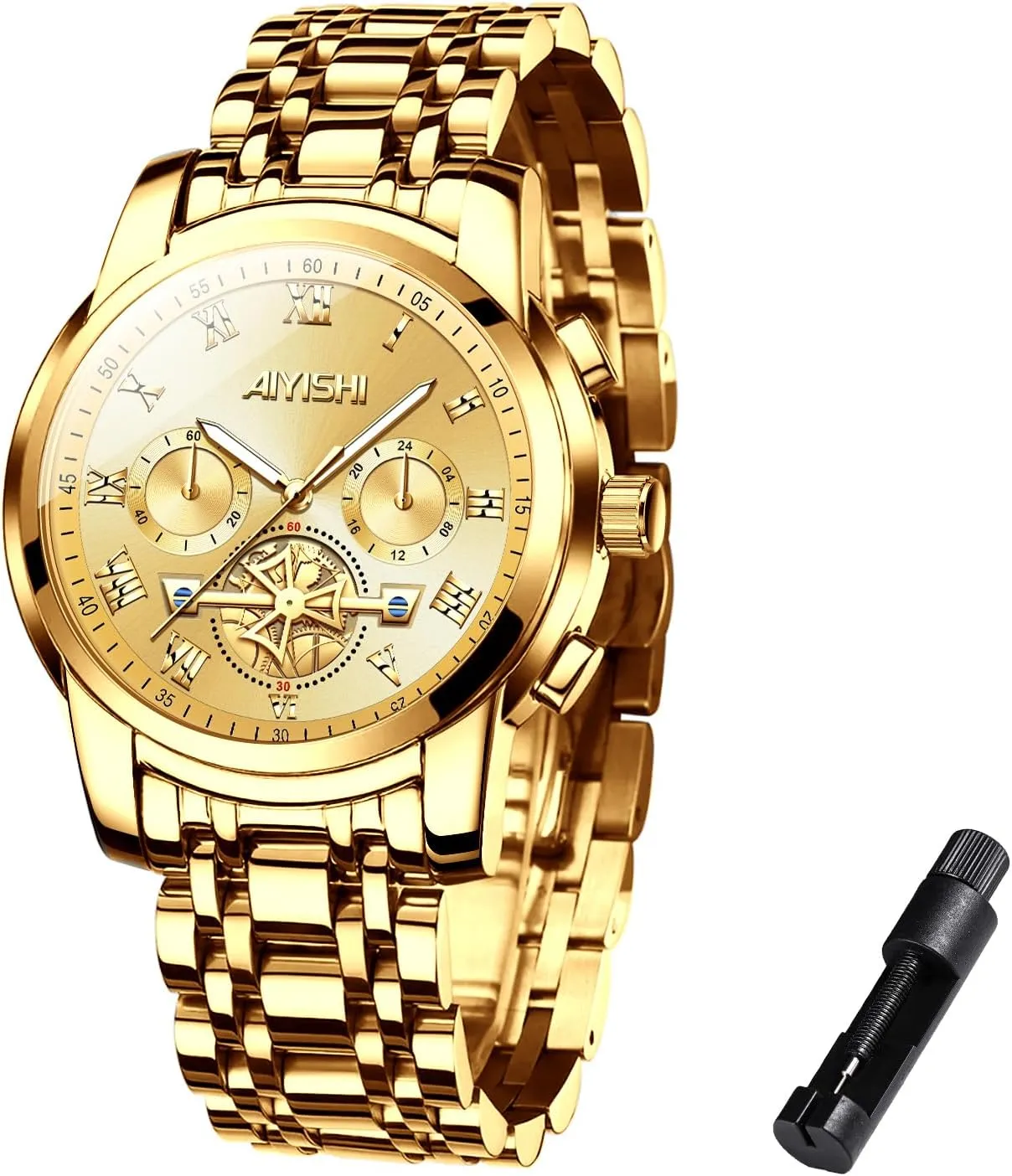 Mens Watches Luxury Stainless Steel Big Face Quartz Dress Watch with Roman Numerals and Chronograph Waterproof for Business, Daily Wear & Gift