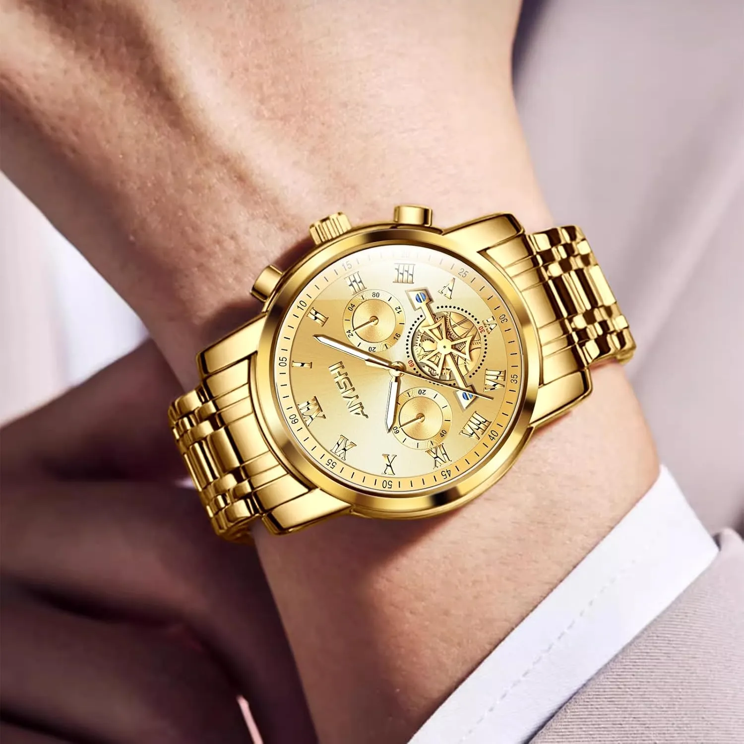Mens Watches Luxury Stainless Steel Big Face Quartz Dress Watch with Roman Numerals and Chronograph Waterproof for Business, Daily Wear & Gift