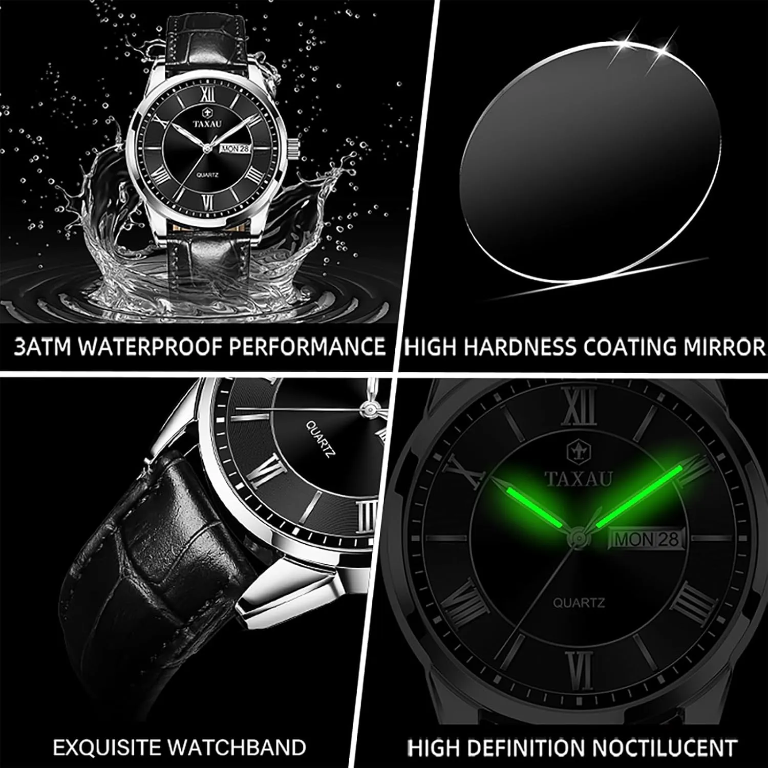 Mens Watches Waterproof Leather Watch for Men Dress Luxury Analog Quartz Watch Casual Large Number Wrist Watch Day Date Classic Watches Easy Read Big Face reloj para Hombre