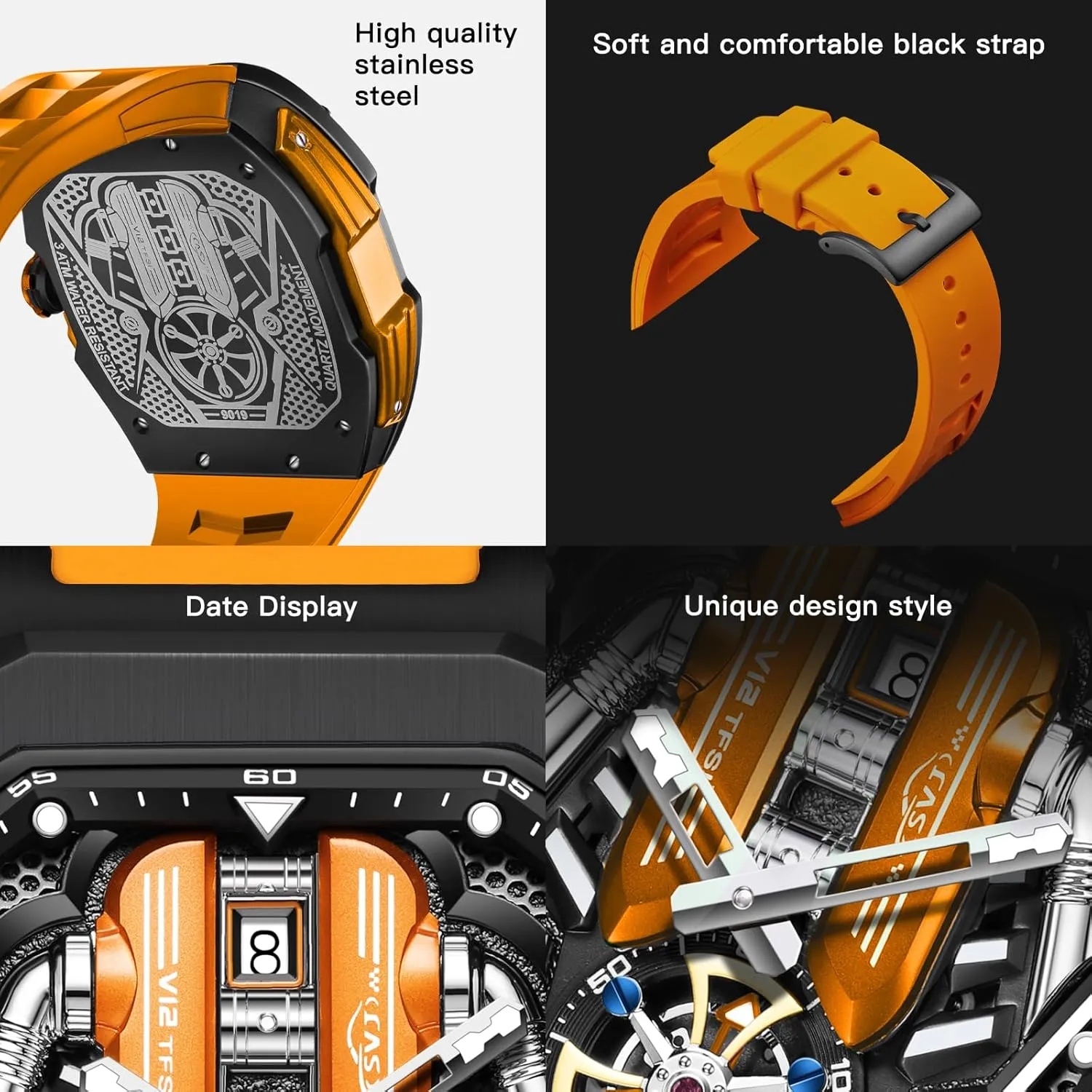 Mens Watches, Wrist Watches Luminous Design, Big Face Fashion Quartz Black Watch 30ATM, Casual Watch for Men Unique Gifts for Men