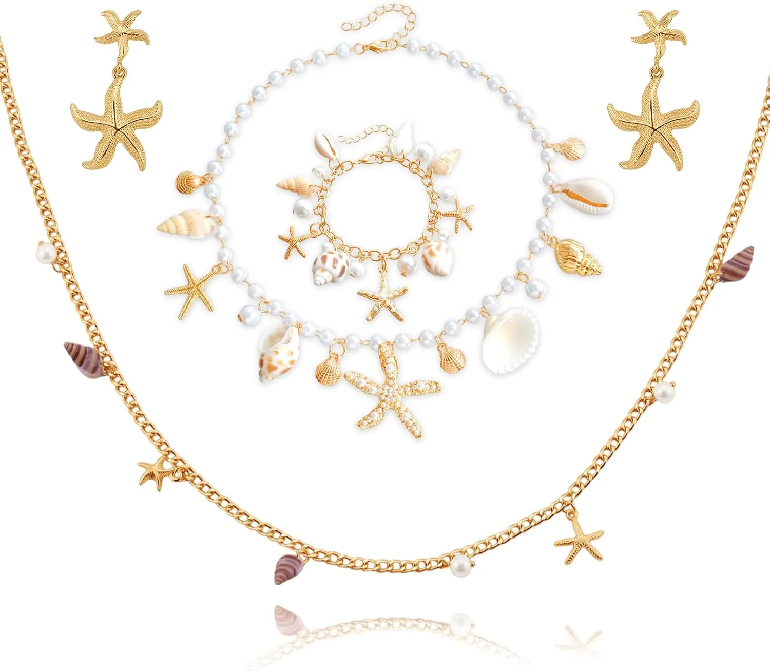 Mermaid Costume Jewelry Set for Women Shell Necklaces Waist Chain Bracelets Earring Set Shell Waist Set Boho Summer Beach Vacation Jewelry Pearl Seashell Waist Necklace Set Body Chain Set Mermaid Accessorie